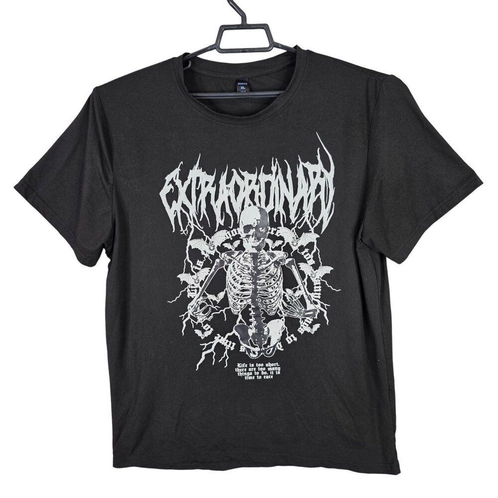 Mens Romwe Extraordinary Skeleton Graphic Black T-Shirt Short Sleeve Size XL